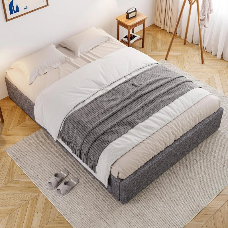 Upholstered Storage Bed with 4 Drawers - Double Bed with Iron Frame & Wooden Slats, Grey, 193.5 x 141 x 30 cm