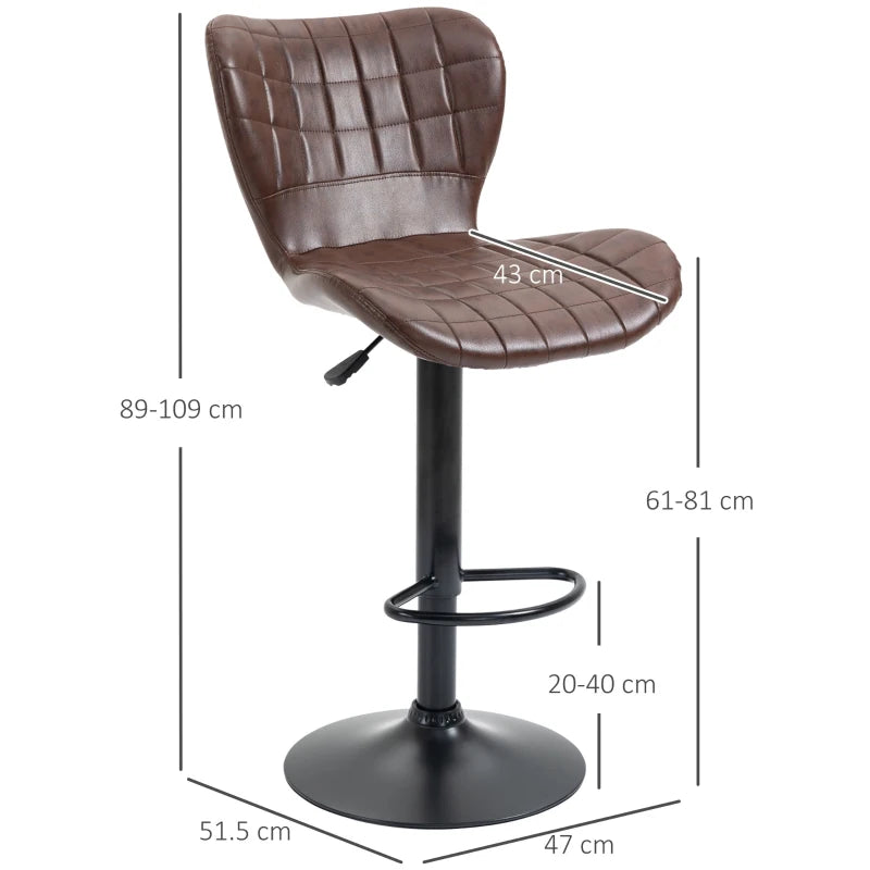 Set of 2 Adjustable Height Swivel Bar Stools in Brown PU Leather with Backrest & Footrest - Modern Design