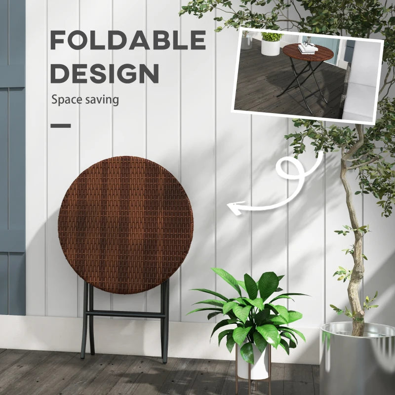 Foldable Rattan Outdoor Coffee Table - Metal Frame, Round Side Table, Mixed Brown