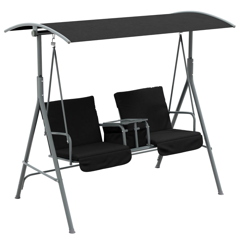 Black 2-Seater Patio Swing Chair with Tilting Canopy and Storage