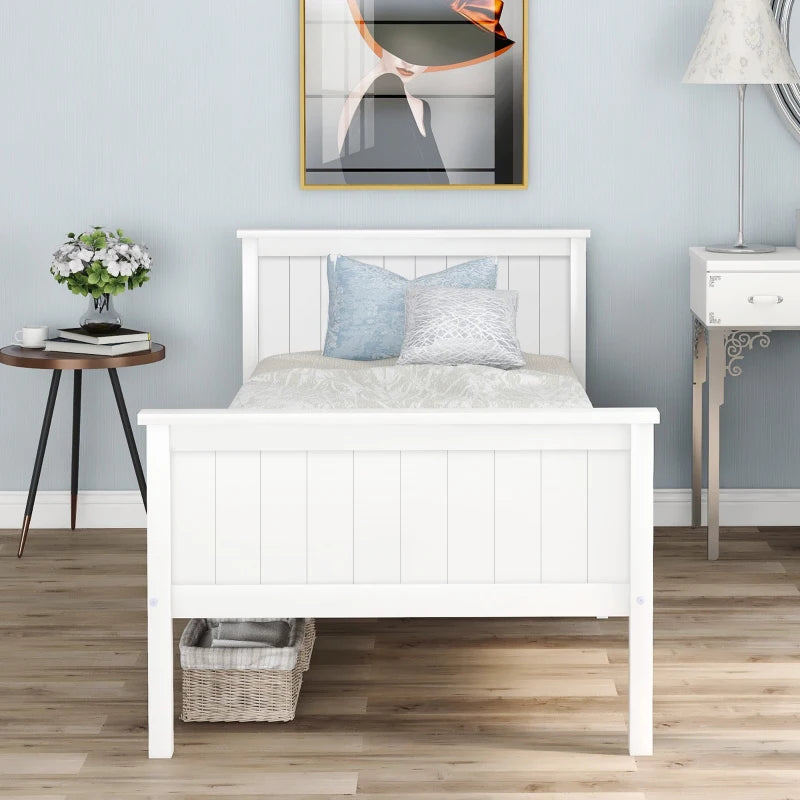 Stylish White Wood Bed Frame with Headboard & Footboard - Single Bed for Kids & Guest Room, 199x96x82 cm