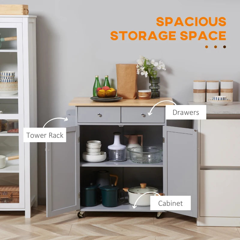 Rolling Kitchen Island on Wheels - Utility Serving Cart with Rubber Wood Top, Towel Rack, Hooks & Storage Drawers in Grey