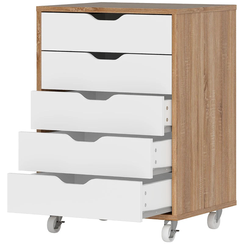Vinsetto Oak Brown Five-Drawer Filing Cabinet on Wheels - Stylish Storage Solution for Home Office & Workspace