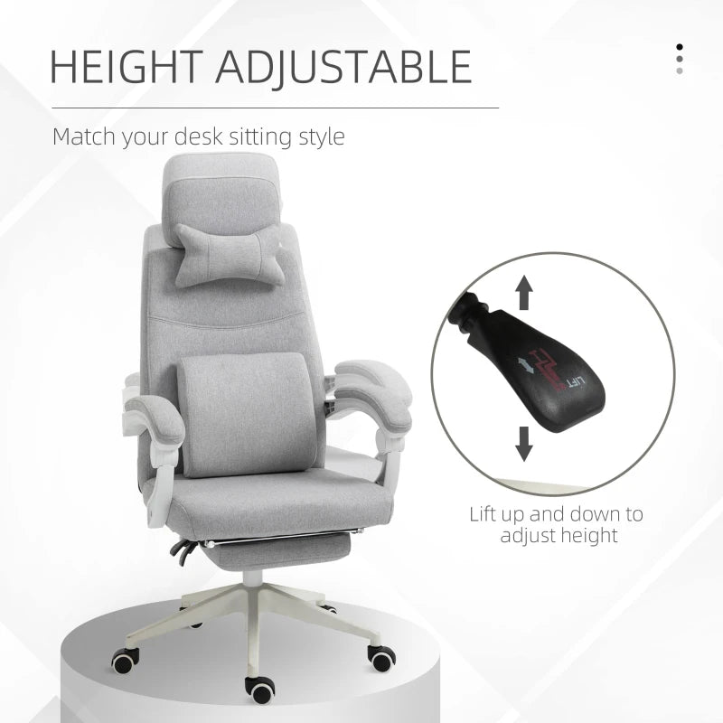 Vinsetto Ergonomic Office Chair - High Back Fabric Desk Chair with 160° Recline, Footrest, Neck & Lumbar Support - Grey