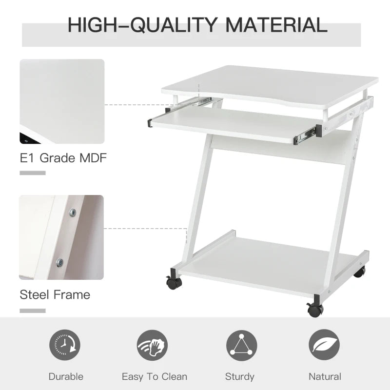 Movable White Computer Desk with 4 Wheels & Sliding Keyboard Tray - Ideal Home Office Workstation
