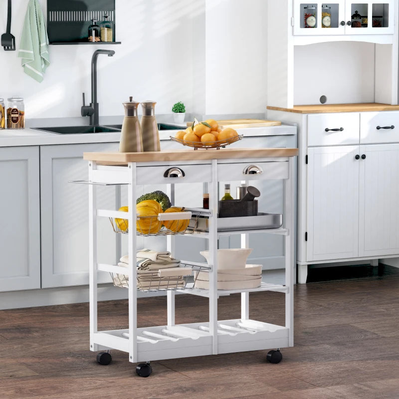Rolling Kitchen Island Trolley Cart with Drawer, Shelves, Basket, Wheels & 6-Bottle Wine Rack - Stylish White Design