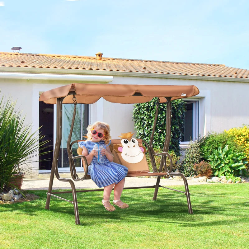 Brown Kids Garden Swing Seat with Adjustable Awning and Monkey Pattern