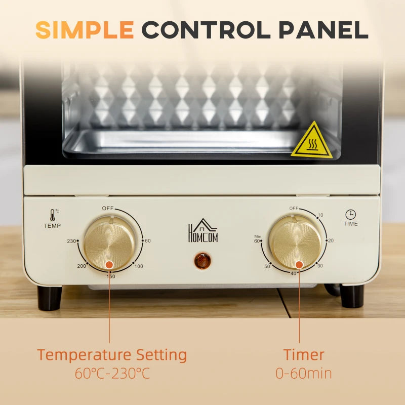 15L Mini Electric Oven & Grill - Adjustable 60-230°C, 60 Min Timer, Includes Baking Tray & Wire Rack, 1000W, Cream White