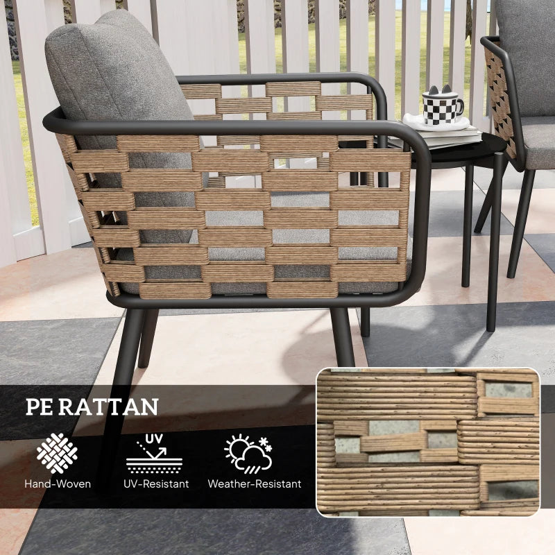 3 Piece Rattan Bistro Set with Cushions and Glass Top Table for Outdoor Patio