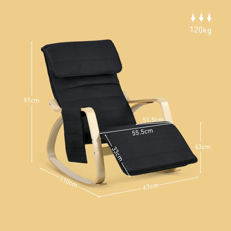 Adjustable Rocking Lounge Chair with Footrest, Side Pocket and Pillow for Ultimate Relaxation in Black