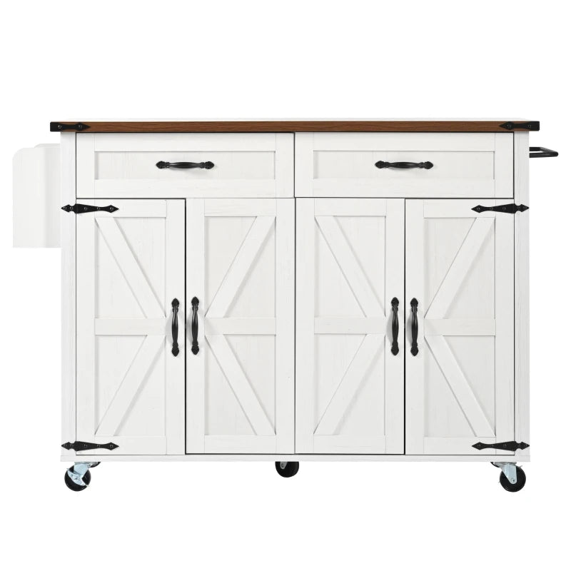 Farmhouse Style Kitchen Island Trolley - Adjustable Shelf, Cabinets & Drawers, Modern Rolling Storage Cabinet, White, 140x73x90.5 cm