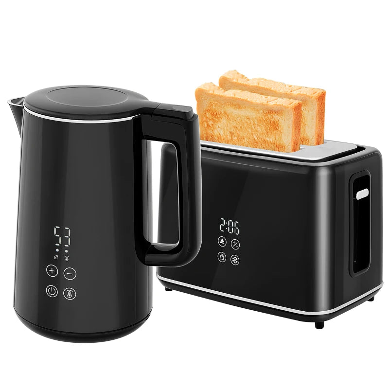 Polished Black Stainless Steel Kettle and Toaster Set - Stylish Kitchen Appliances for Modern Homes