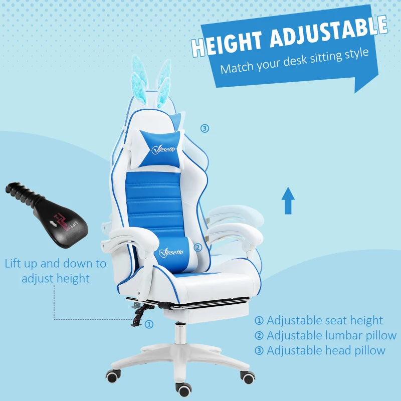 Vinsetto Racing Gaming Chair - Reclining PU Leather with Removable Rabbit Ears, Footrest & Lumbar Support - Blue
