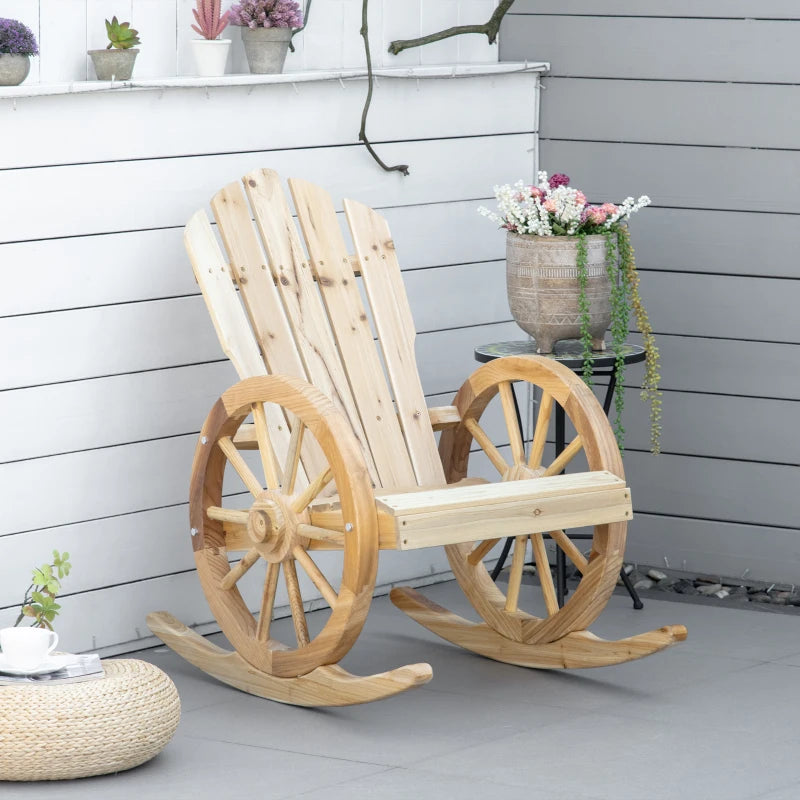 Natural Wooden Adirondack Rocking Chair - Reclining Armchair for Outdoor Garden, Patio, and Porch - Size: Standard