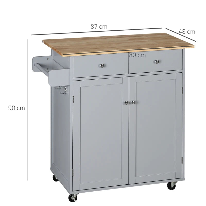 Rolling Kitchen Island on Wheels - Utility Serving Cart with Rubber Wood Top, Towel Rack, Hooks & Storage Drawers in Grey