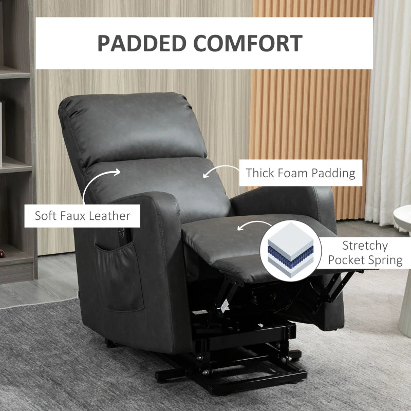 Recliner Chair for Elderly with Remote Control, PU Leather Upholstery, Side Pockets, Charcoal Grey