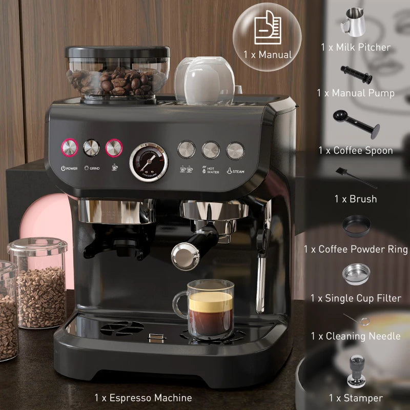 Premium 15 Bar Coffee Machine with Adjustable Grind, Steamer & Complete Accessories for Perfect Espresso at Home