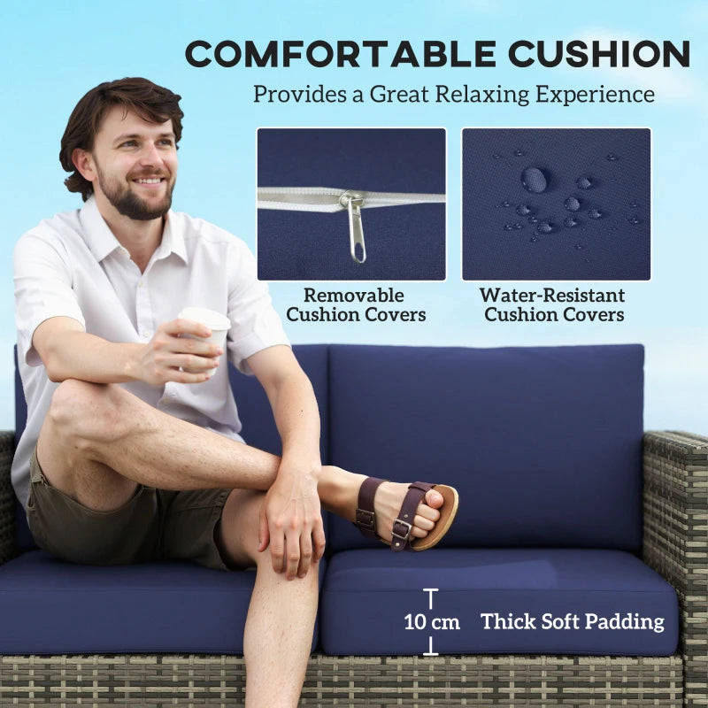 Navy Blue Rattan 2 Seater Garden Sofa with Soft Padded Cushions and Armrests - Wicker Loveseat for Patio