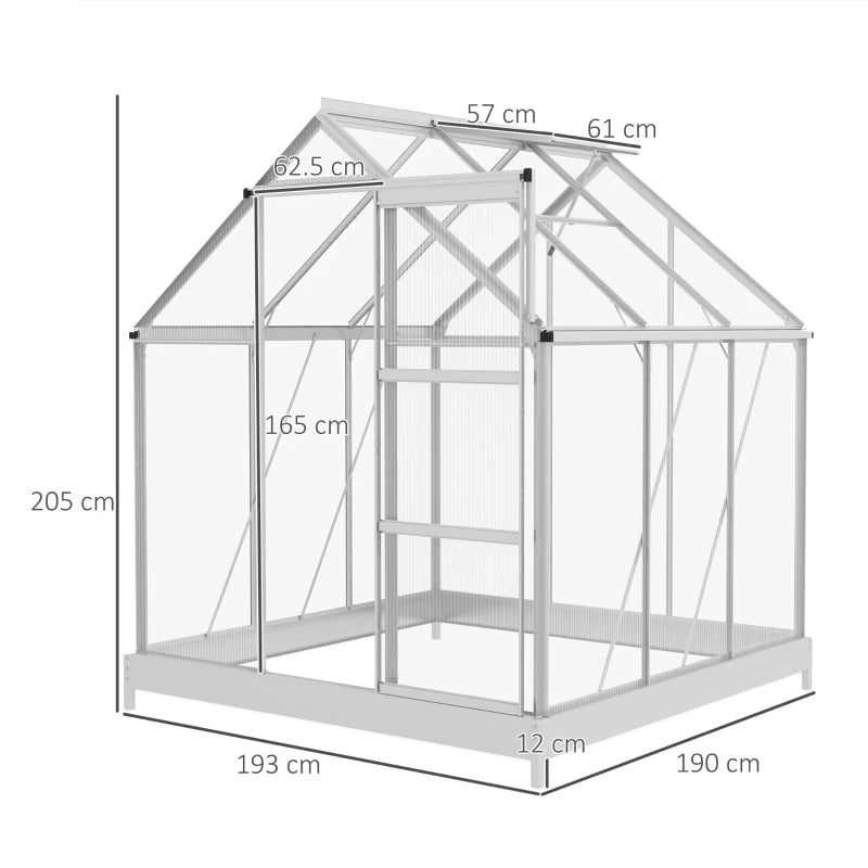 6x6ft Silver Polycarbonate Walk-In Greenhouse with Sliding Door