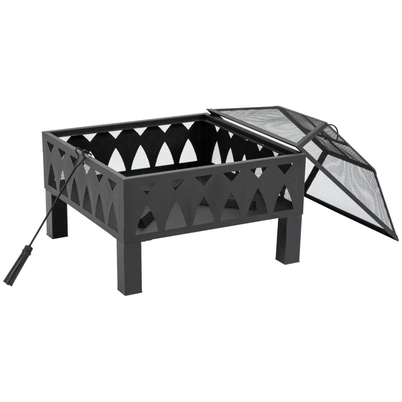 66cm Black Outdoor Fire Pit with Screen Cover & Poker - Wood Burning Firepit Bowl for Patio & Backyard
