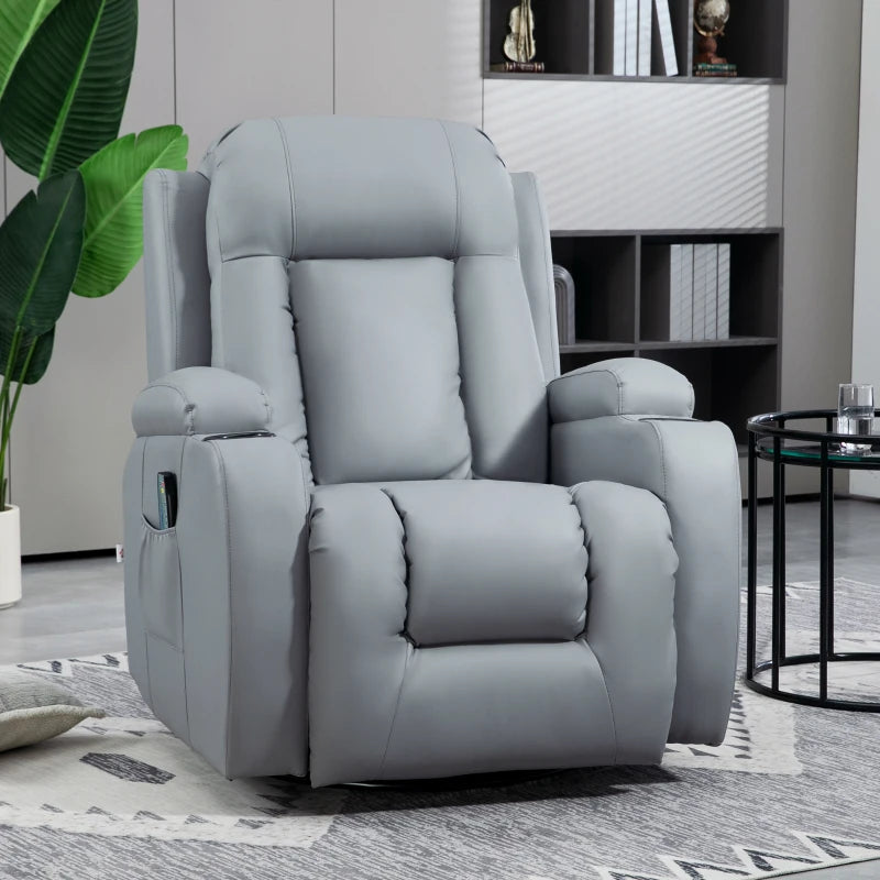 Comfortable Massage Recliner Chair with 8 Vibration Settings, Heat Function, Cup Holders, and Side Pockets in Light Grey