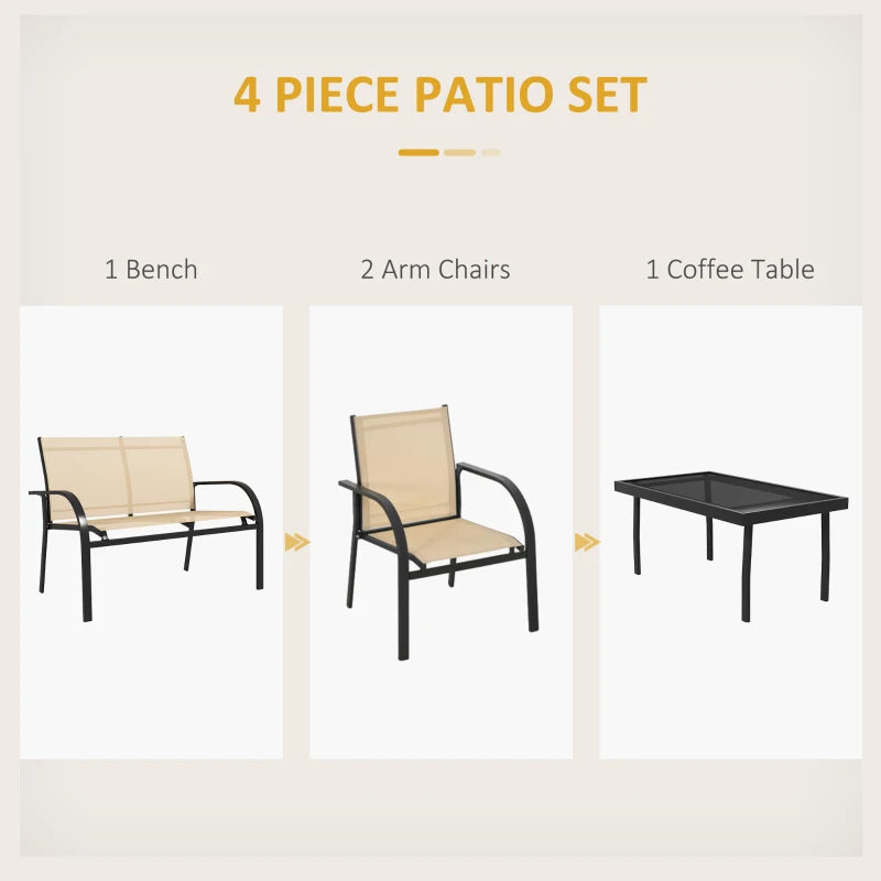 Four-Piece Curved Steel Garden Dining Set in Beige and Grey for Outdoor Relaxation