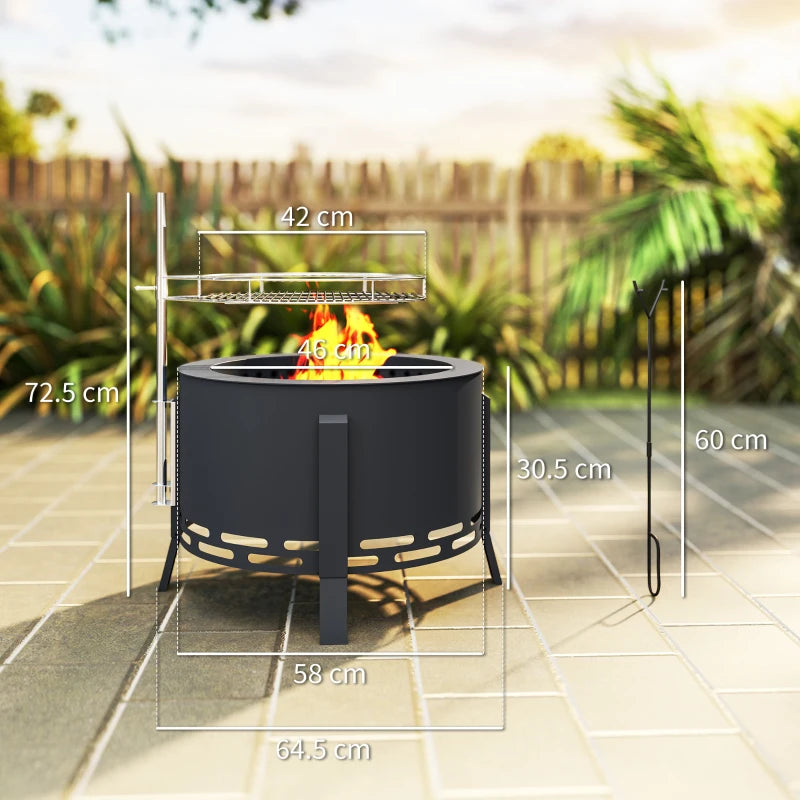 Portable 58 cm Round Fire Pit with Grill Grate, Ash Catcher & Poker for Camping, BBQ