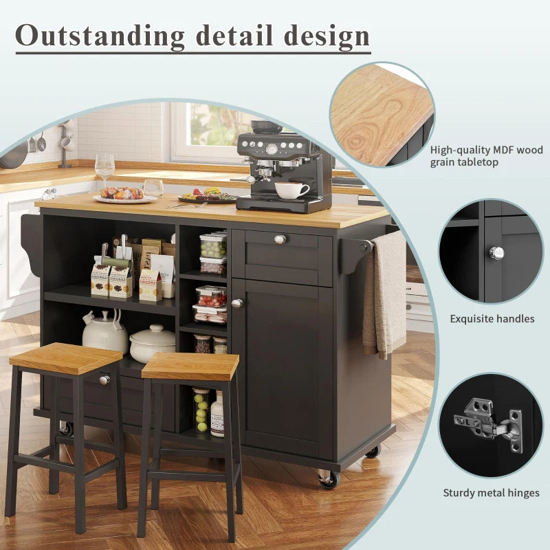 Mobile Kitchen Trolley with 5 Wheels, Drawers & Cupboards - Wooden Food Cart for Kitchen Organization, 129L x 46W x 92H cm, Black