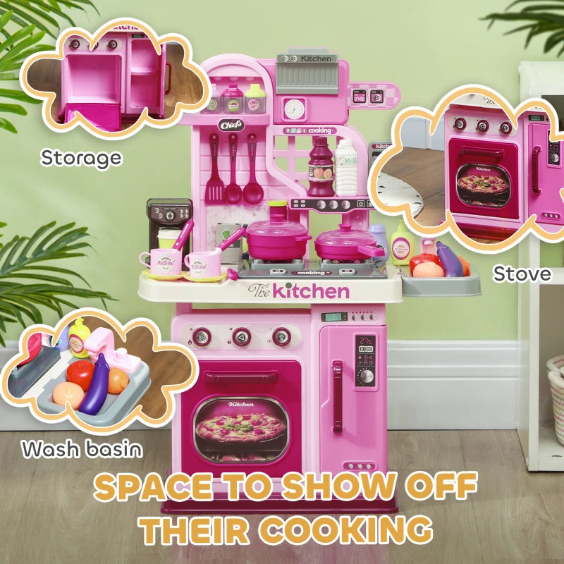 Kids Play Kitchen Set with 33 Accessories Lights Sounds Storage for Ages 3-6 Pink