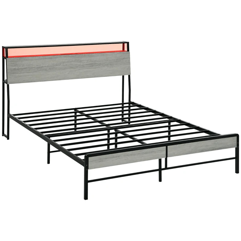 Modern Double Steel Bed Frame with LED Lights & Headboard Shelf - Stylish Grey Design for Ultimate Comfort