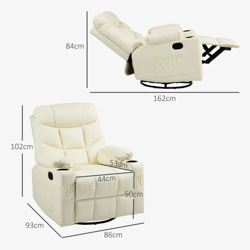 Manual Reclining Armchair with Swivel, Faux Leather, Footrest and Cup Holders - Cream, 86x93x102cm