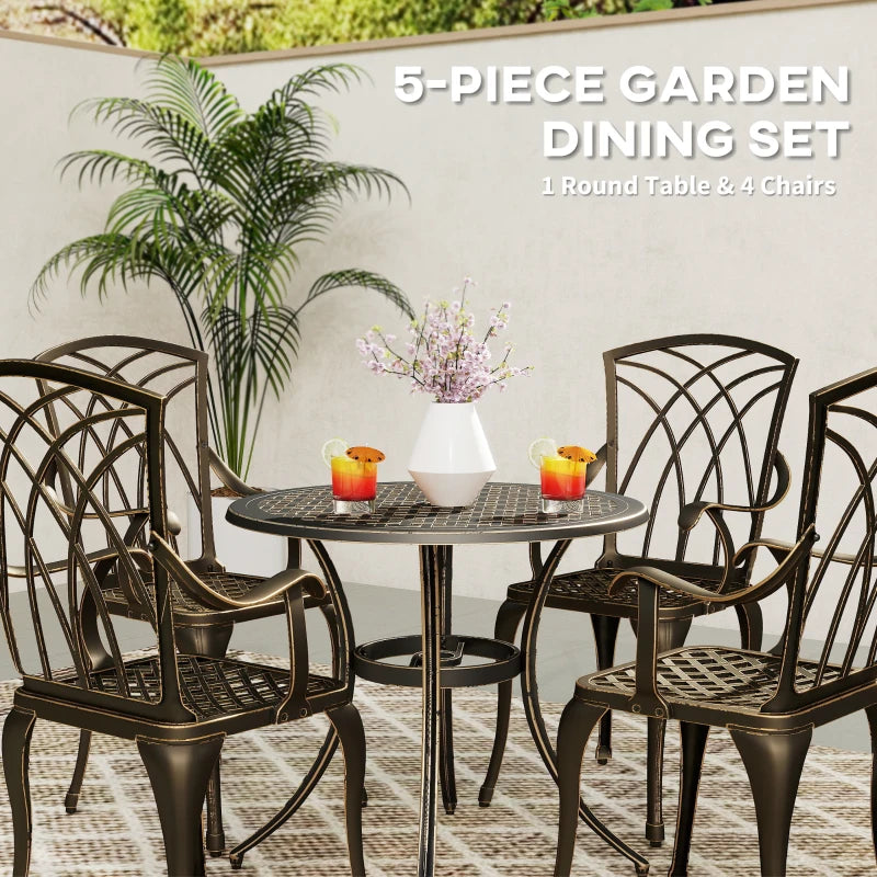 5-Piece Bronze Outdoor Garden Dining Set for 4 - Cast Aluminium Round Table with Parasol Hole and 4 Armchairs