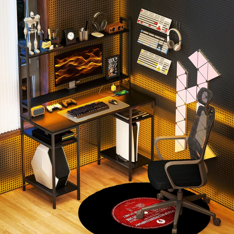Modern Black Computer Desk with Power Outlets & LED Lights, Home Office Study Table with Monitor Stand & Storage Shelves