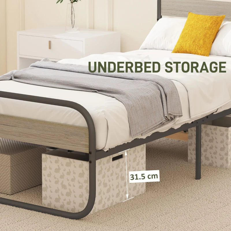 Industrial Style 3ft Single Metal Bed Frame with Under Bed Storage - Easy Assembly, No Box Spring Needed, Grey