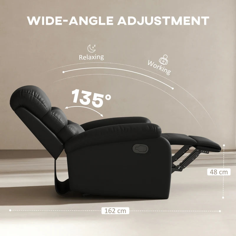 Comfortable PU Leather Reclining Chair with Padded Armrests and Retractable Footrest, Stylish Black Wood Frame