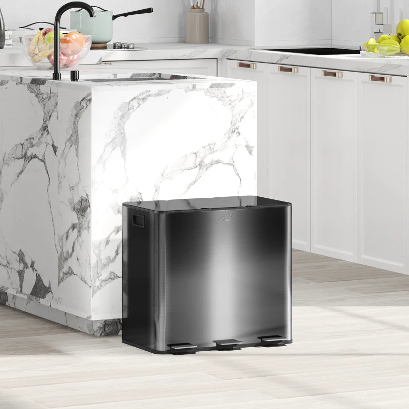 3 x 15L Steel Pedal Bin Set - Triple Kitchen Trash Can with Soft Close Lid, Removable Buckets, Fingerprint-Proof, Black