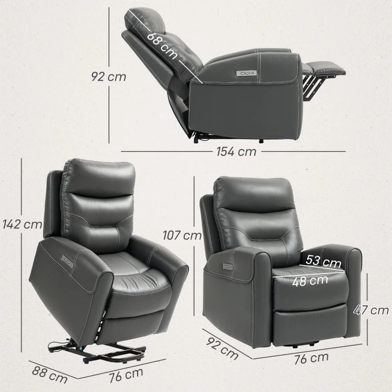 Power Lift Recliner Chair for Elderly - Overstuffed Faux Leather Armchair with USB Ports and Remote Control in Charcoal Grey