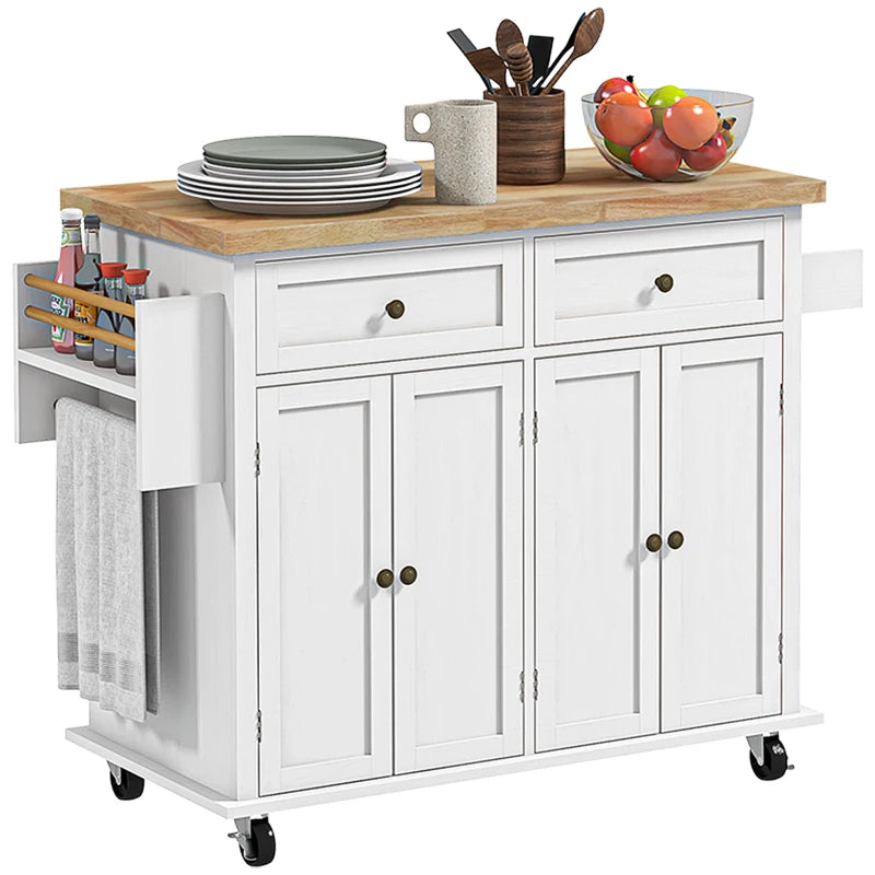 Rolling Kitchen Island Storage Trolley with Rubber Wood Top & Drawers - White Dining Room Cart for Easy Organization
