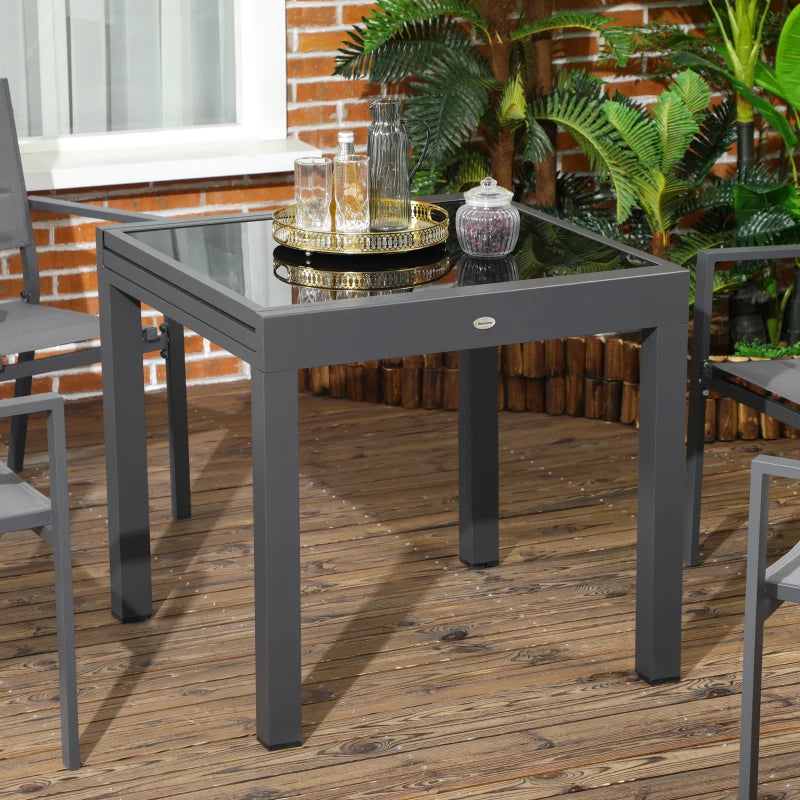 Black Extendable Outdoor Dining Table, Aluminium Frame, Tempered Glass, 80/160 x 80 x 75 cm