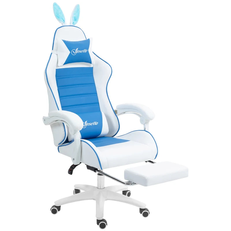 Vinsetto Racing Gaming Chair - Reclining PU Leather with Removable Rabbit Ears, Footrest & Lumbar Support - Blue
