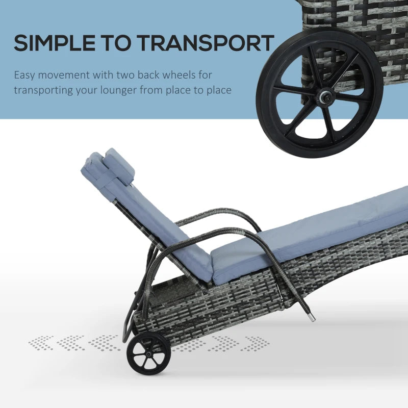 Grey Rattan Sun Lounger with Adjustable Headrest and Blue Cushion