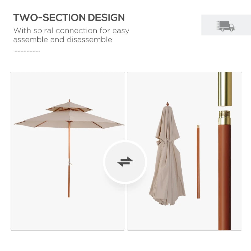 Beige Double Tier Bamboo Garden Parasol Umbrella