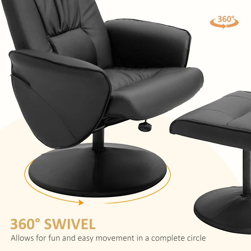 Stylish Swivel Recliner Chair with Footstool in Black PU Leather for Living Room Comfort