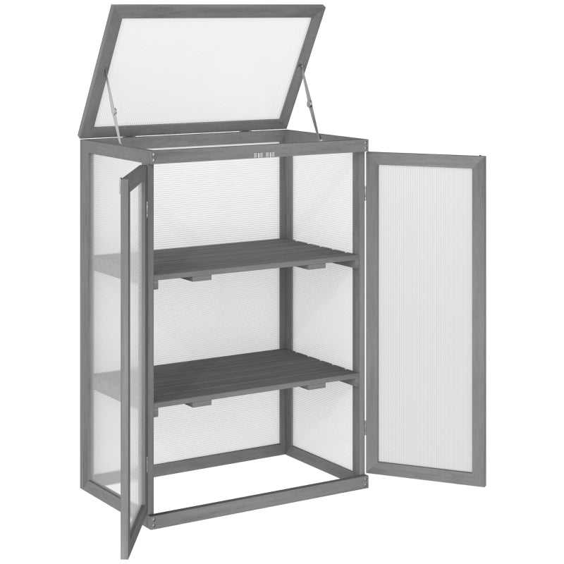 Dark Grey 3-Tier Wooden Greenhouse with Double Doors and Storage Shelf