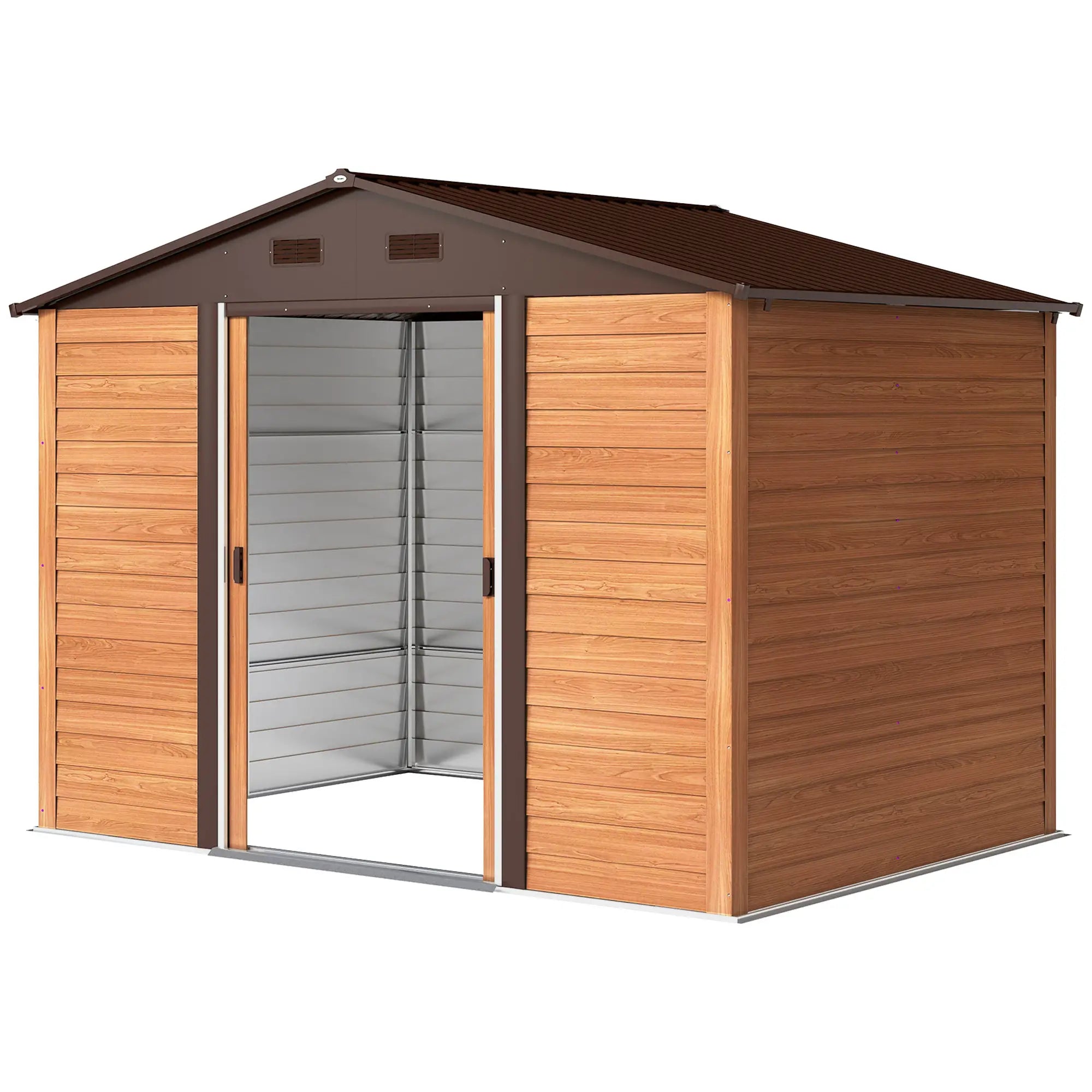 9ft x 6ft Galvanised Steel Shed - Brown Wood-Effect With Sliding Doors
