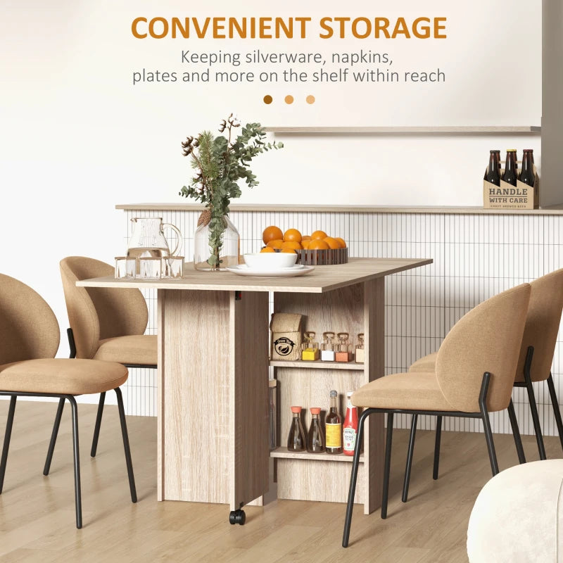 Folding Drop Leaf Dining Table for Small Spaces - 2-Tier Shelves & Rolling Casters - Natural Finish Kitchen Table