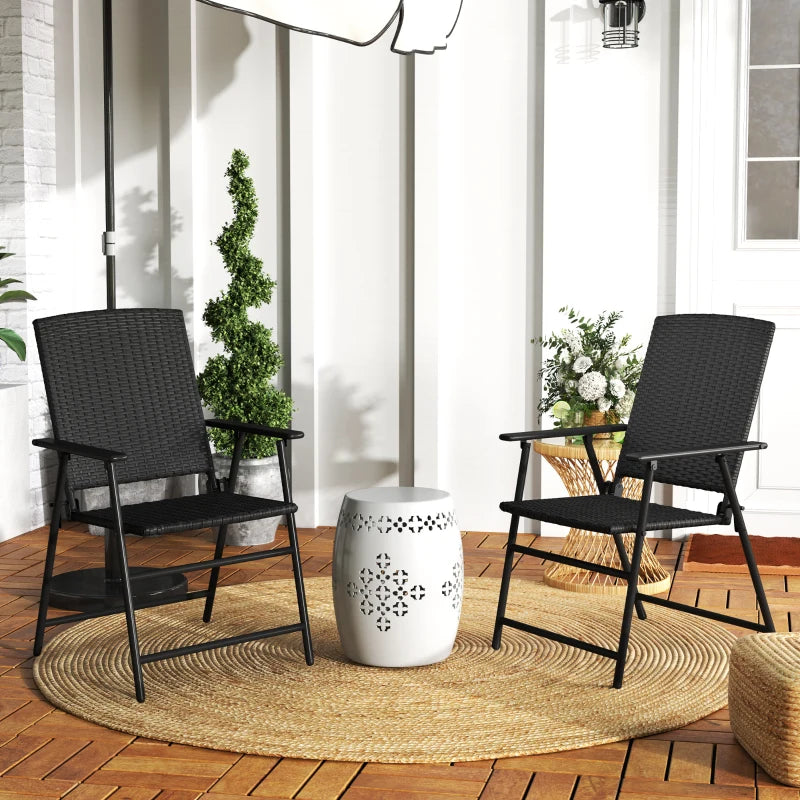 Set of 2 Black Folding Rattan Chairs - Stylish Outdoor Seating for Patio, Garden, and Balcony