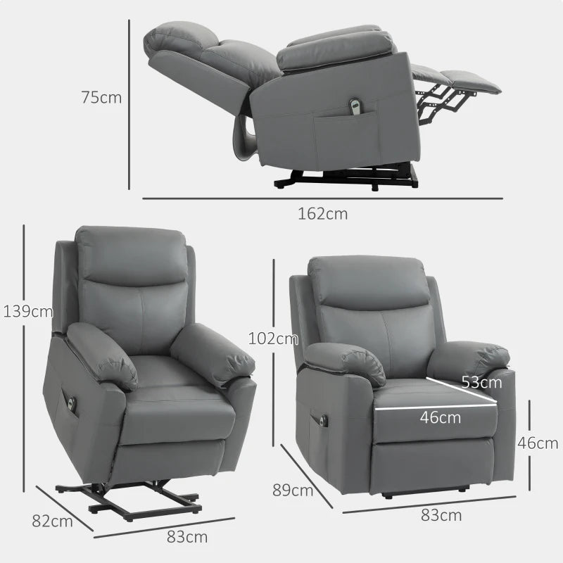 Charcoal Grey Faux Leather Electric Riser Recliner Chair with 70° Recline for Ultimate Comfort