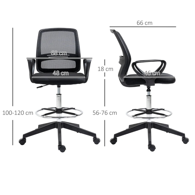 Vinsetto Ergonomic Drafting Chair - Adjustable Height, Mesh Back, Lumbar Support, Swivel Wheels, Ideal for Standing Desks - Black