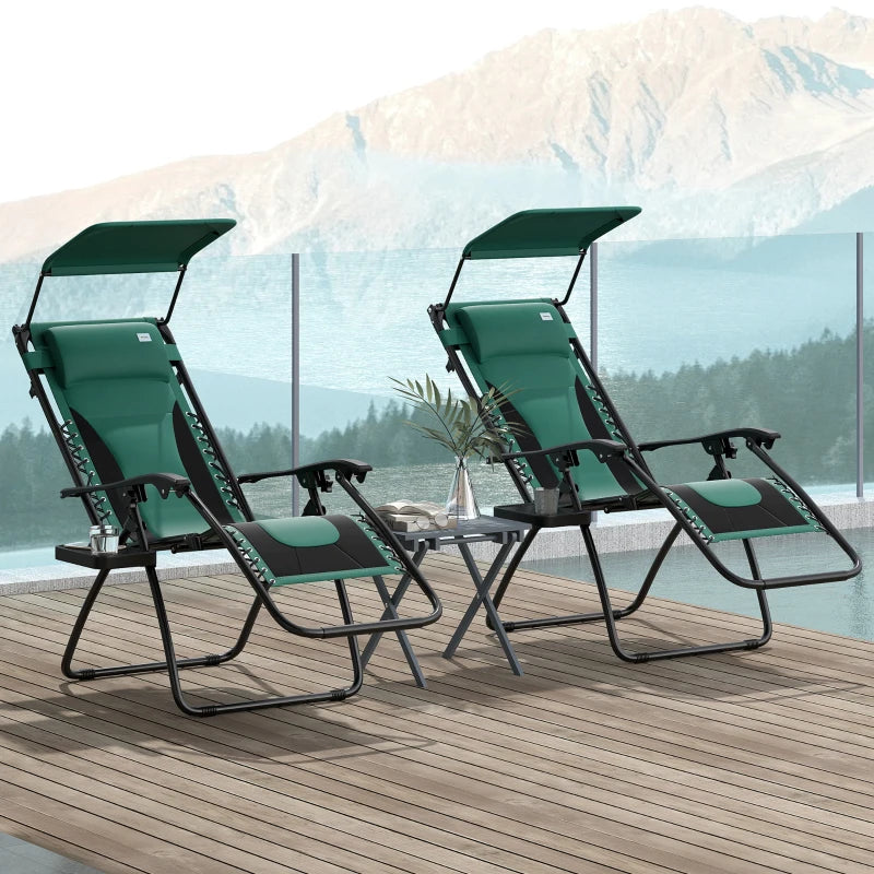 Sun Lounger Chair Set of 2 - Folding Reclining Patio Chairs with Shade Cover, Padded Seat, Cup Holder, Soft Cushion and Headrest - Green